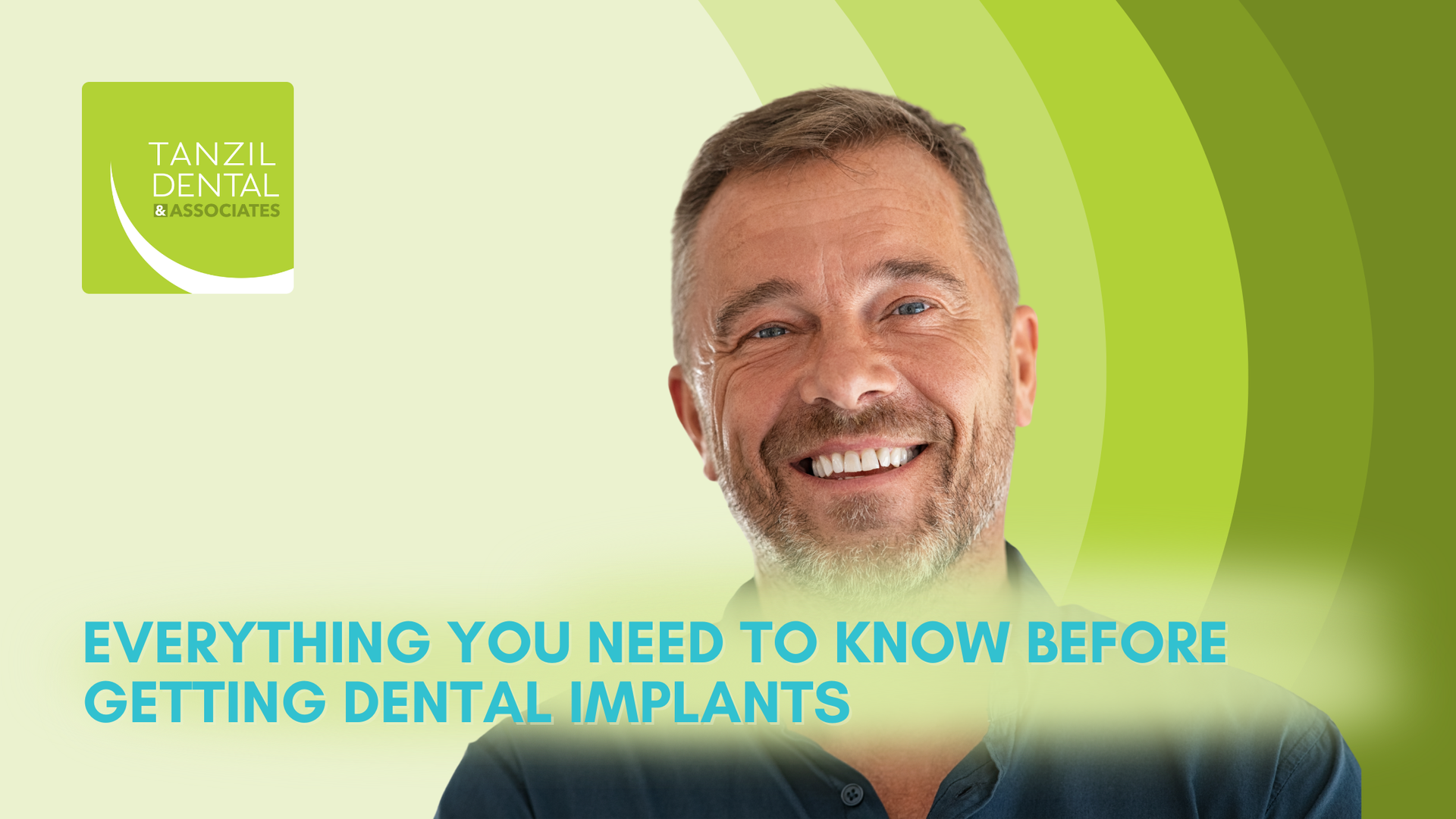 Man with a bright smile, promoting dental implants; green background with text.