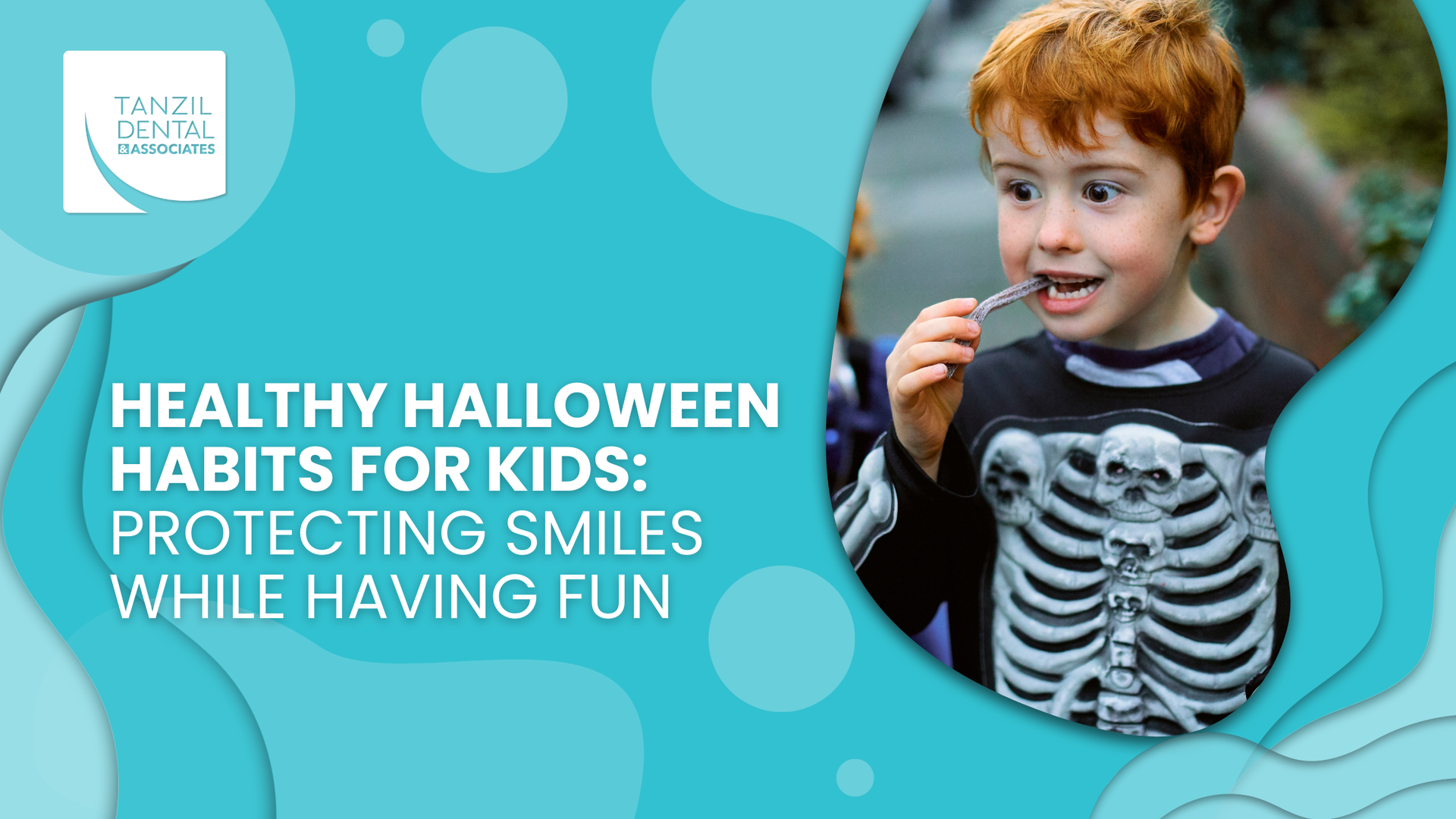 Boy in skeleton costume brushing teeth; text