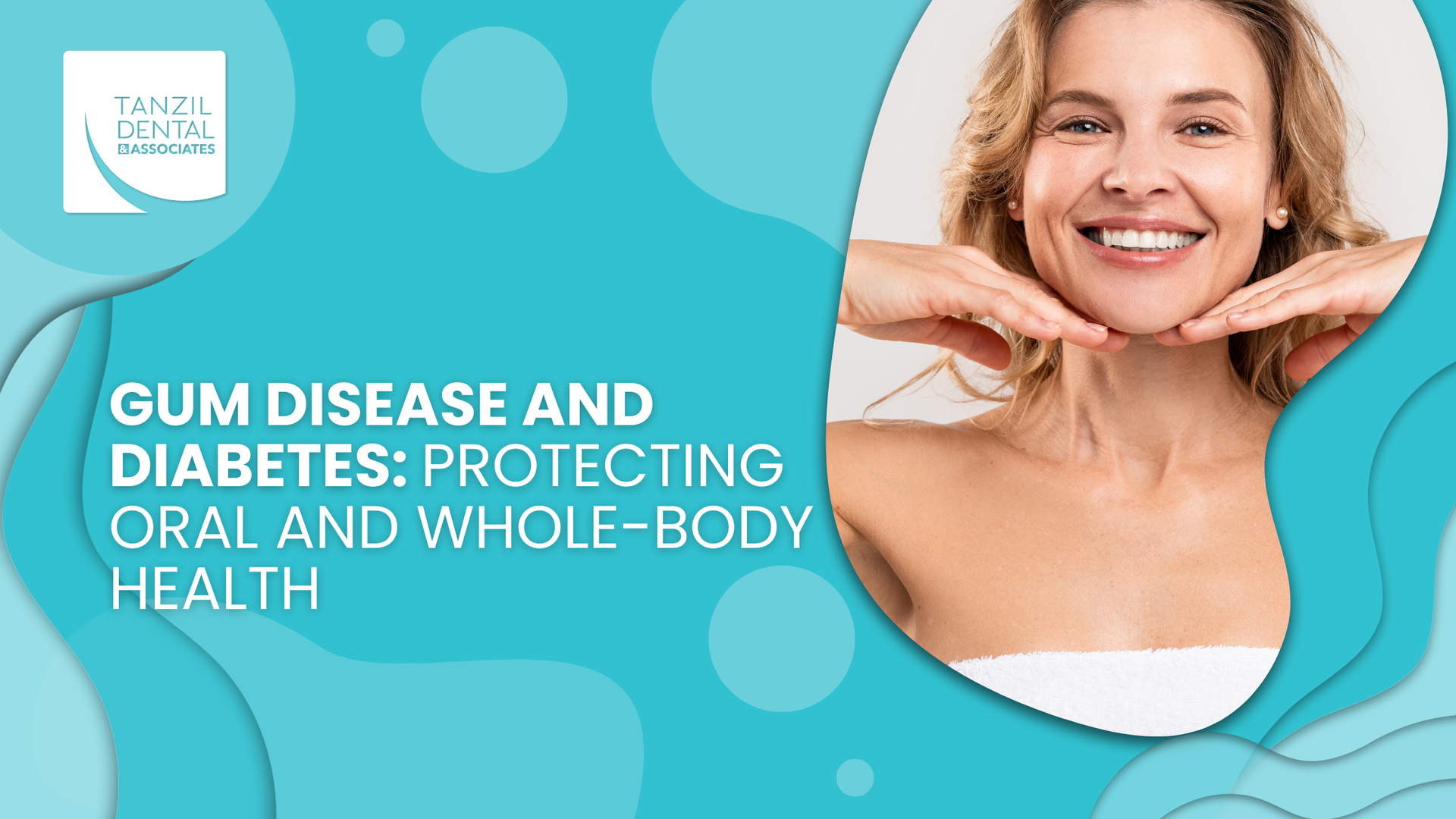 Woman smiling, hands on chin, next to text: 