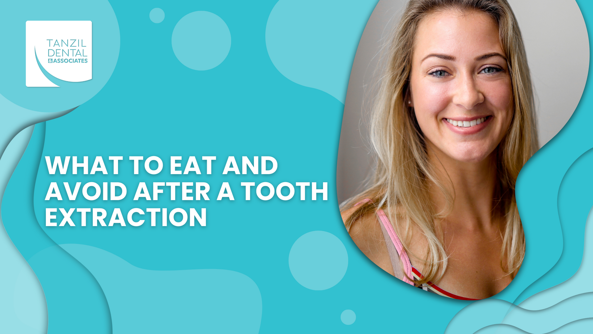 A woman is smiling in a circle with the words `` what to eat and avoid after a tooth extraction ''.