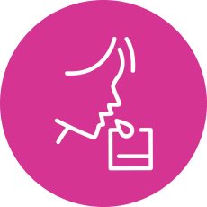 Person drinking from a glass, a drop of liquid falling into the glass, pink circle background.