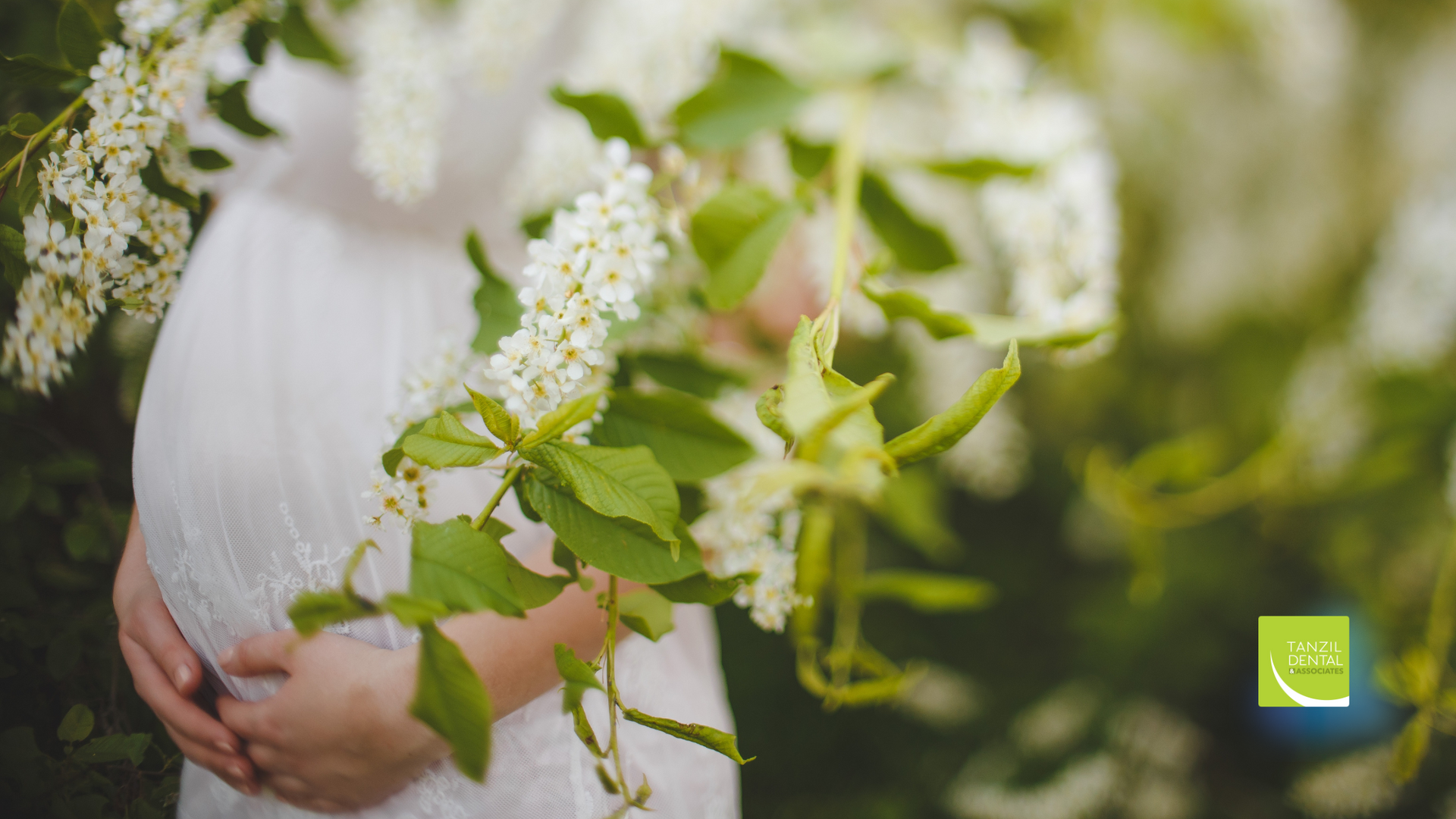 A pregnant woman is holding her belly in a field of white flowers.