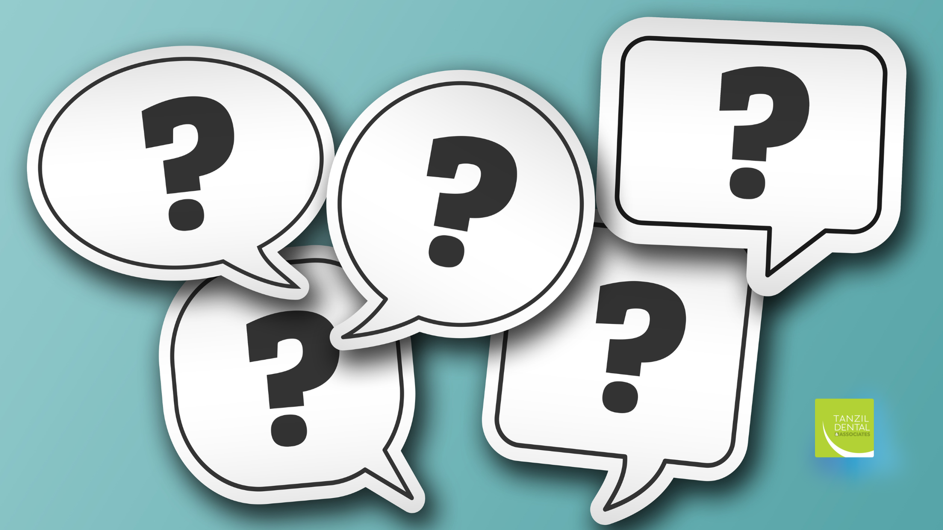 White speech bubbles with black question marks on a teal background.