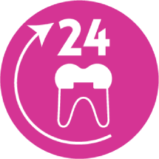 A pink circle with a tooth and the number 24 on it.