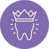 A tooth with a crown on it is in a purple circle.