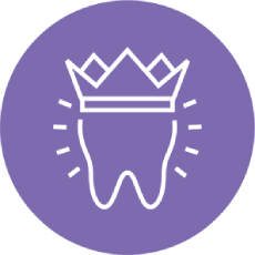 A tooth with a crown on it is in a purple circle.
