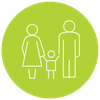 A line drawing of a family holding hands in a green circle.