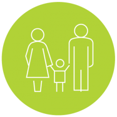 A line drawing of a family holding hands in a green circle.
