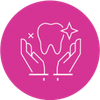 A pair of hands holding a tooth in a pink circle.