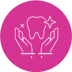 A pair of hands holding a tooth in a pink circle.