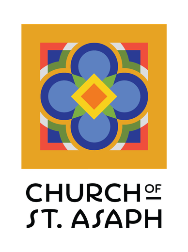 Logo for the Church of St. Asaph featuring a colorful, geometric flower design inside a gold square.