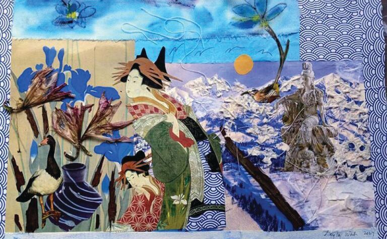Mixed-media collage featuring Japanese-style figures, a goose, floral elements, and a mountainous landscape under a sun.