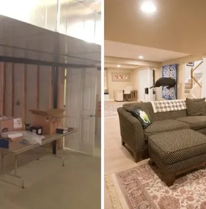 Basement before and after electrical remodeling services for finished living space with lighting installation