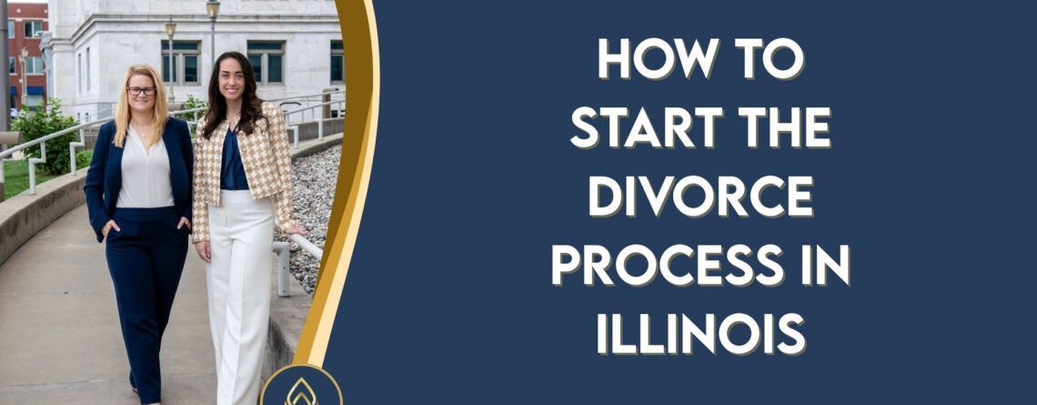 Two people walking outside beside text: “How to Start the Divorce Process in Illinois”