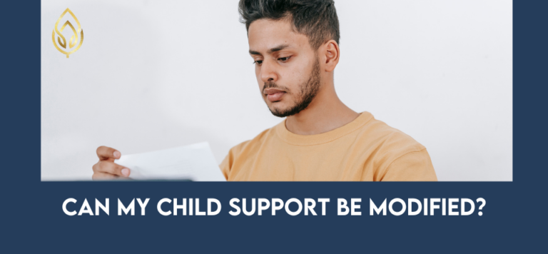 Man holding a phone with the text “CAN MY CHILD SUPPORT BE MODIFIED?”