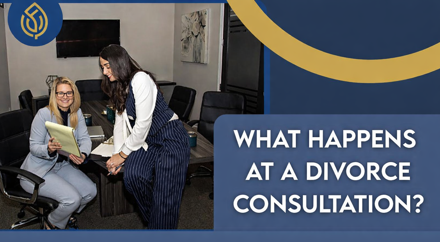 Two women in an office consult with text: “What happens at a divorce consultation?”