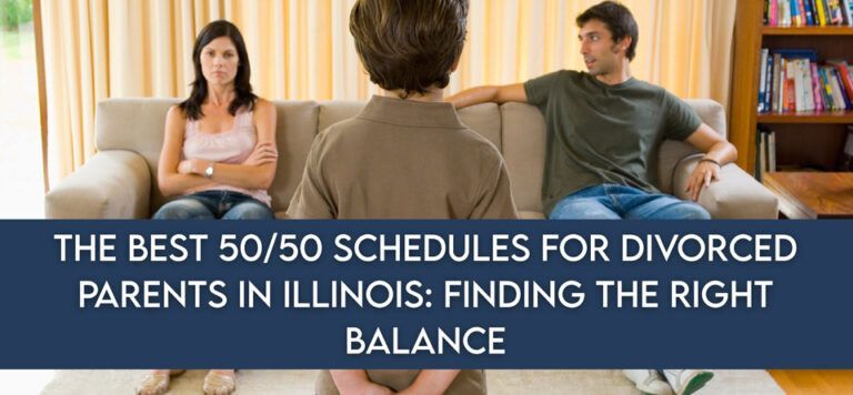 Divorced parents in a living room with headline text about 50/50 schedules in Illinois