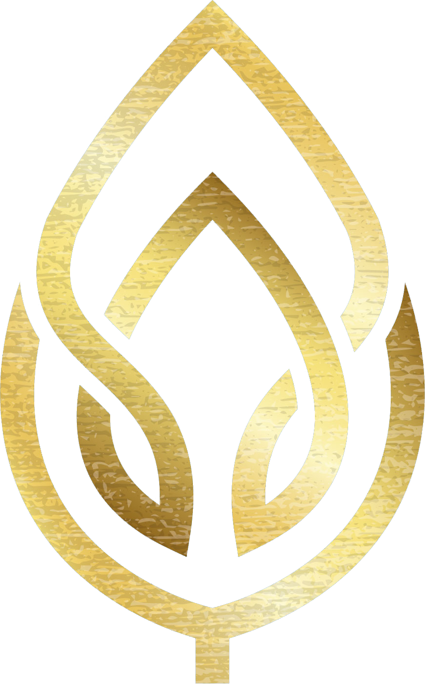 Gold stylized leaf or flame logo on a white background