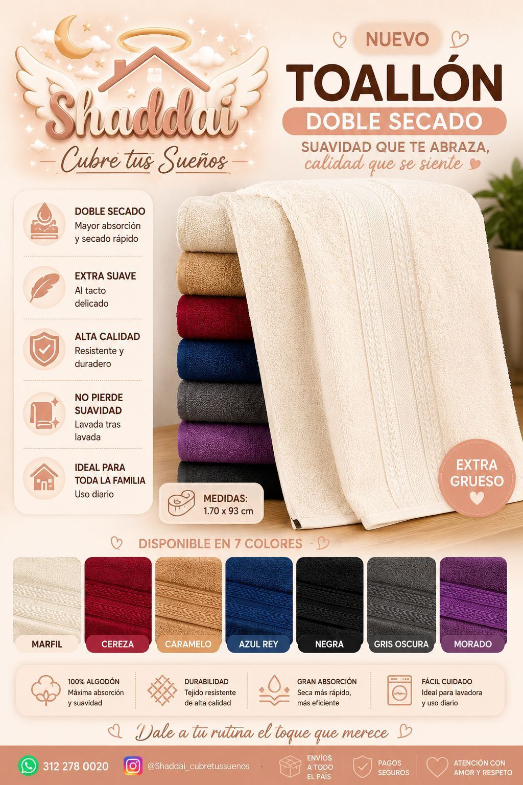 Anuncio de toallas de “Toallón doble secado”, que muestra una toalla color crema con una gama de colores y características del producto.