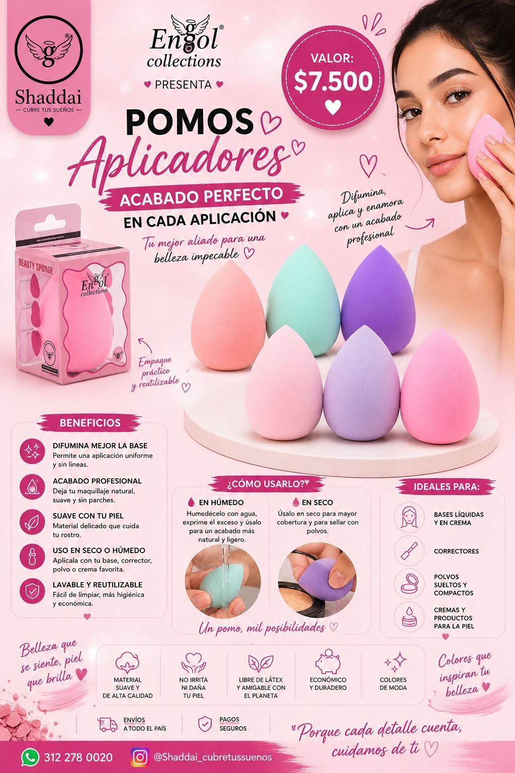 Anuncio promocional rosa de la colección de esponjas de maquillaje Efecto, que muestra esponjas de colores pastel variadas y el rostro de una mujer.