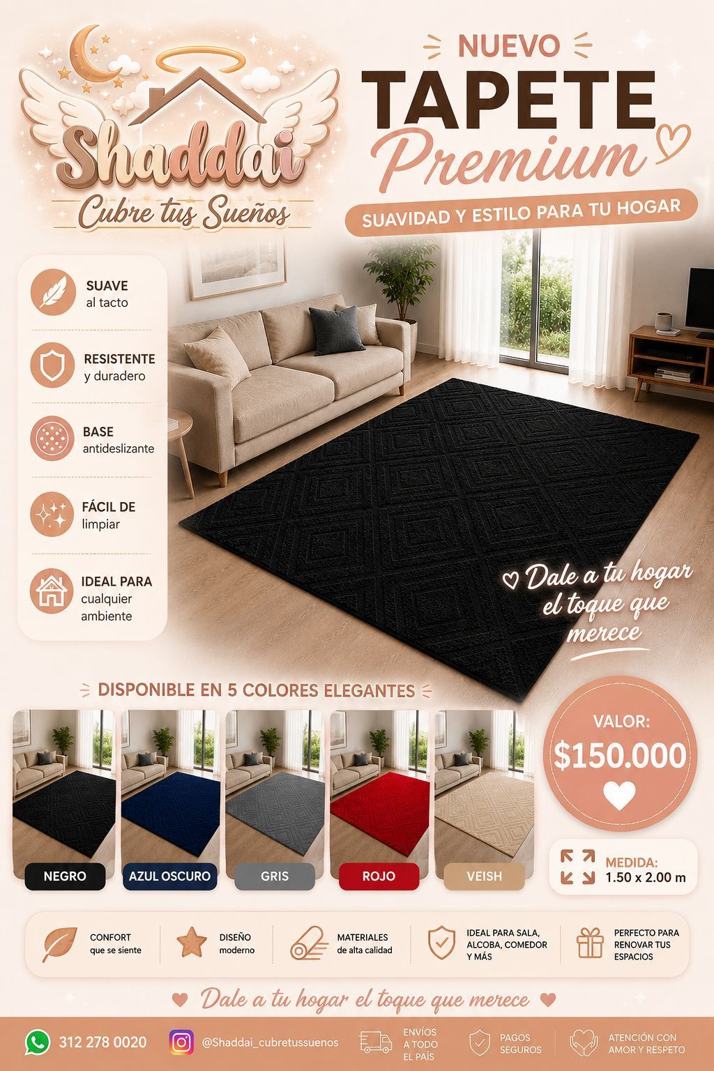Tapete premium negro en sala luminosa, con sofá beige y detalles de color madera y blanco.