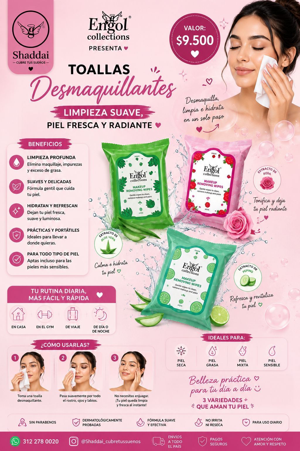 Anuncio rosa de toallas desmaquillantes para el cuidado de la piel con envases de productos, una mujer limpiándose la cara y etiqueta de precio.