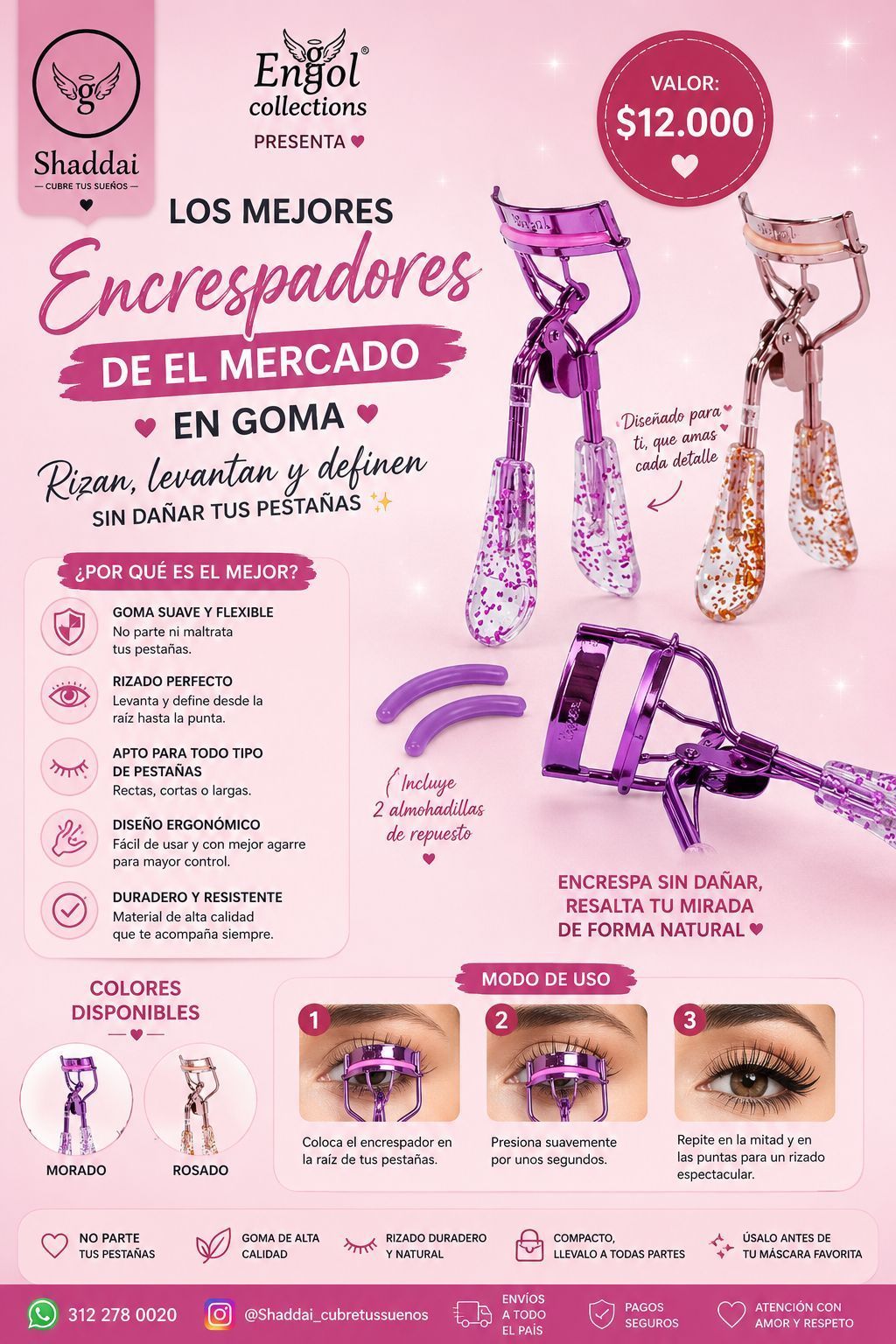 Poster ad de encrespadores de pestañas rosas y morados, con precio y ejemplos de maquillaje en español.
