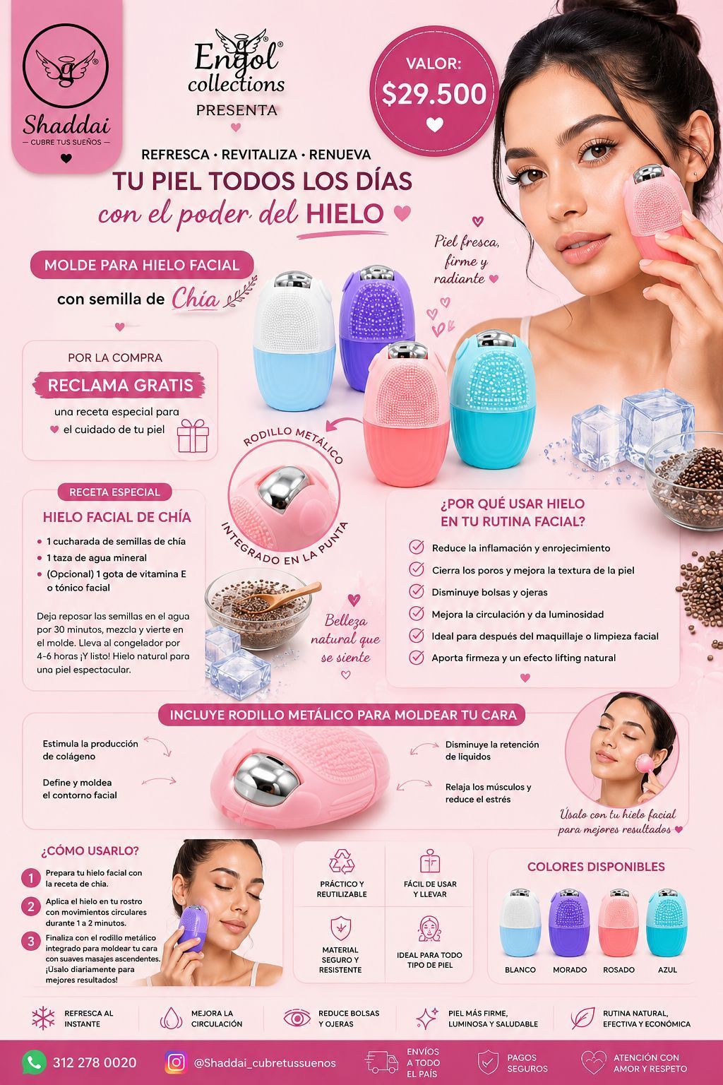 Anuncio rosa en español de la mascarilla capilar HELLO, protagonizado por una mujer, tarros y productos exfoliantes corporales perfumados.