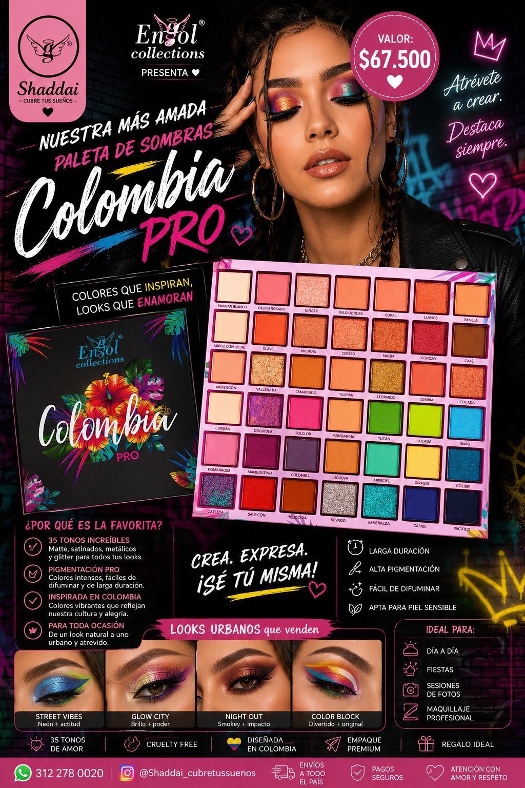 Anuncio de la colorida paleta de sombras de ojos “Colombia Pro” con modelo, precio de 67,50 y muestras de varios tonos.