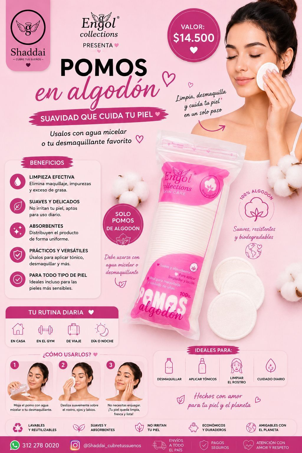 Anuncio rosa de belleza para la crema facial POMOS con una mujer aplicándose el producto, envase del producto y lista de beneficios para el cuidado de la piel.