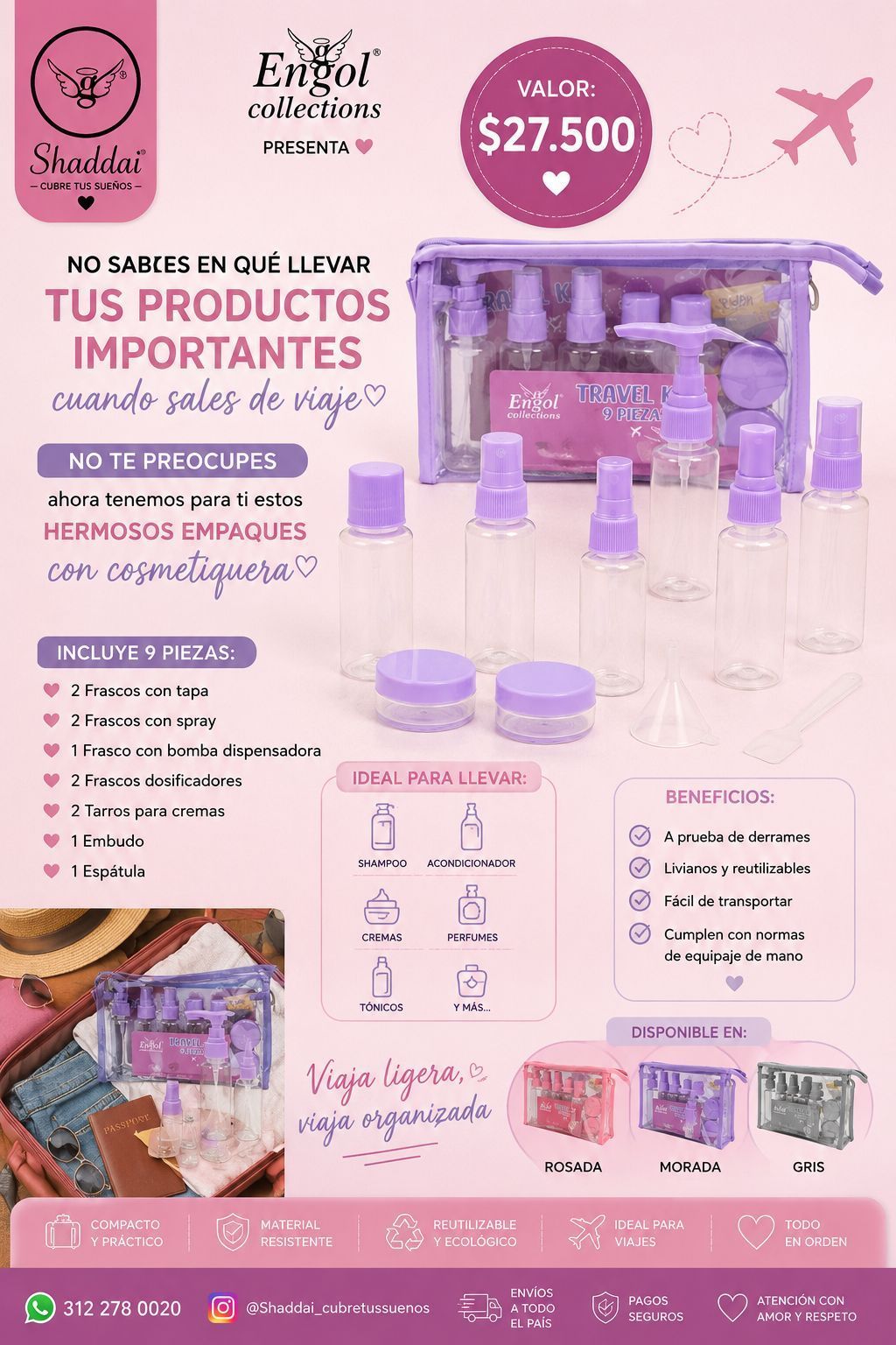 Folleto promocional rosa de un set de cosméticos morado con botellas, tarros y un neceser, texto en español.