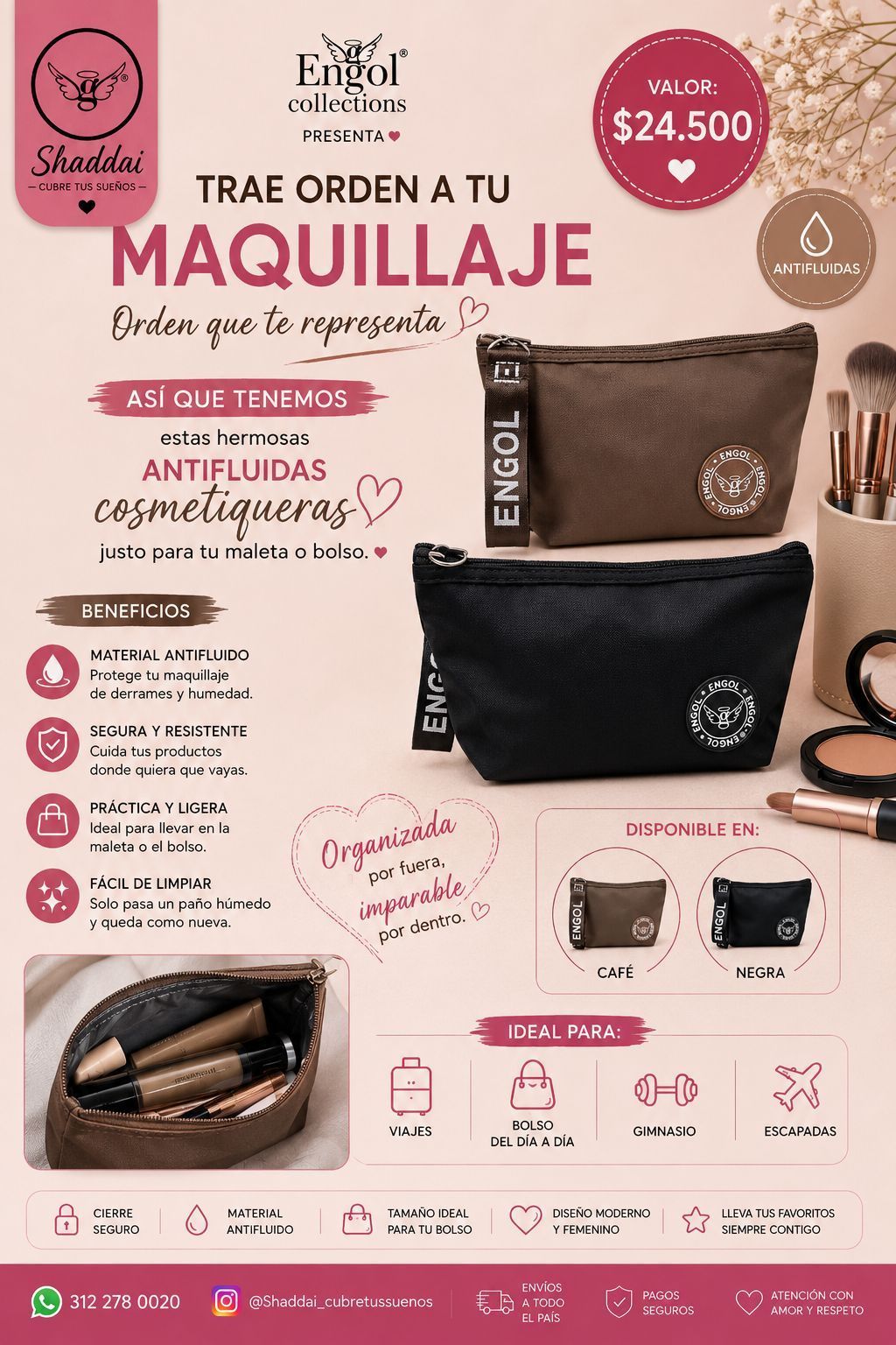 Promo de bolsas de maquillaje negras y cafés con accesorios, texto en español y precio de $24.500