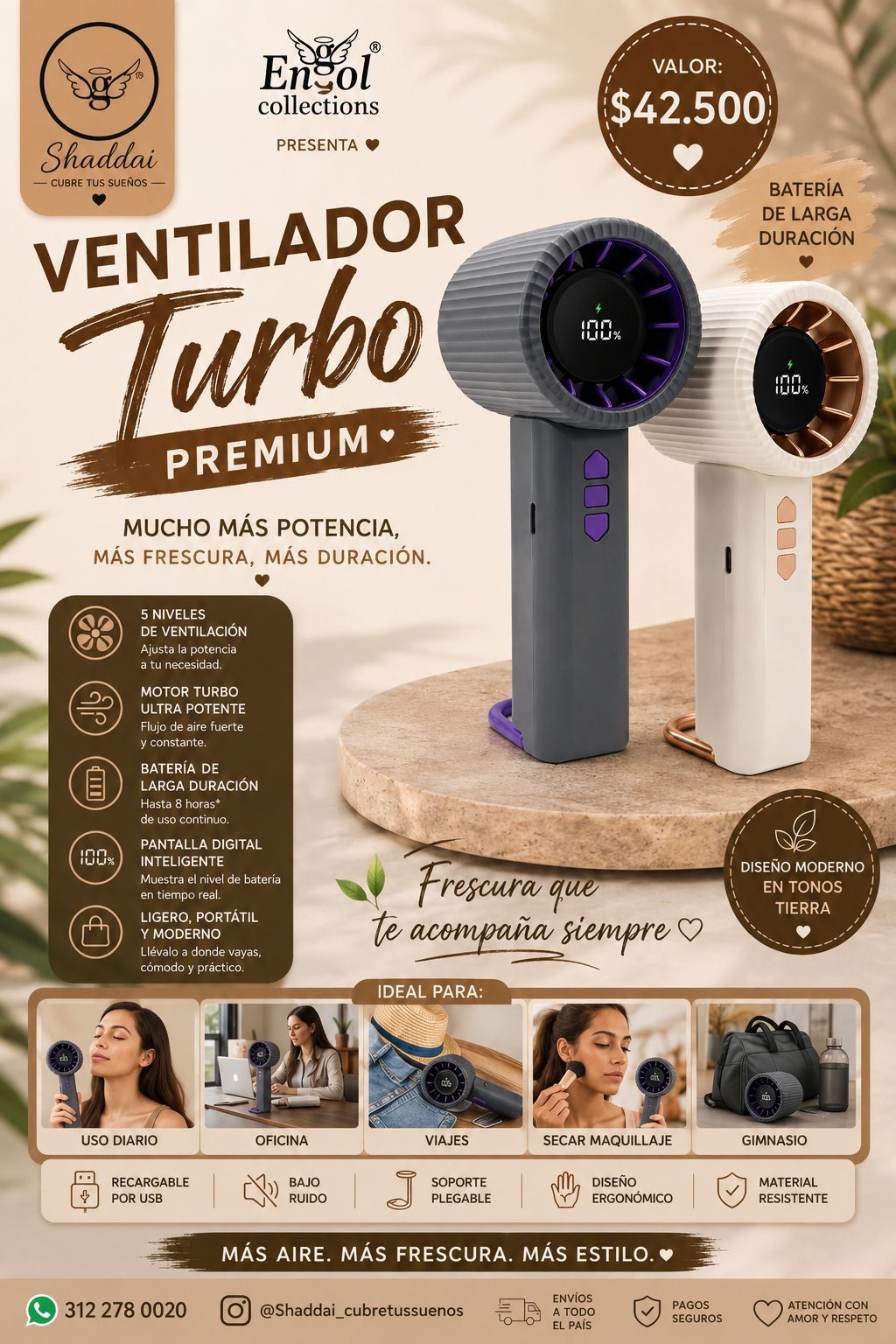 Promo de ventilador turbo premium con dos modelos en negro y blanco, fondo beige y precio destacado.