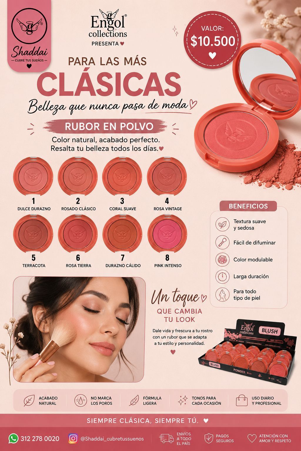 Anuncio de maquillaje rosa para Puffy by Envy, que muestra tonos clásicos de rubor y a una mujer aplicándose rubor en la mejilla.
