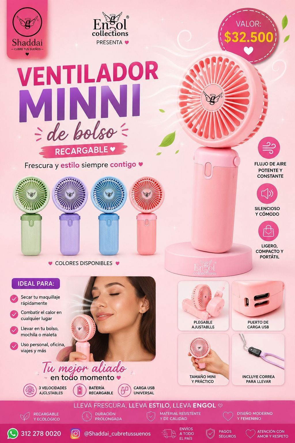 Anuncio de mini ventilador de mano rosa con aspas luminosas, varios colores, precio y fotos del producto.