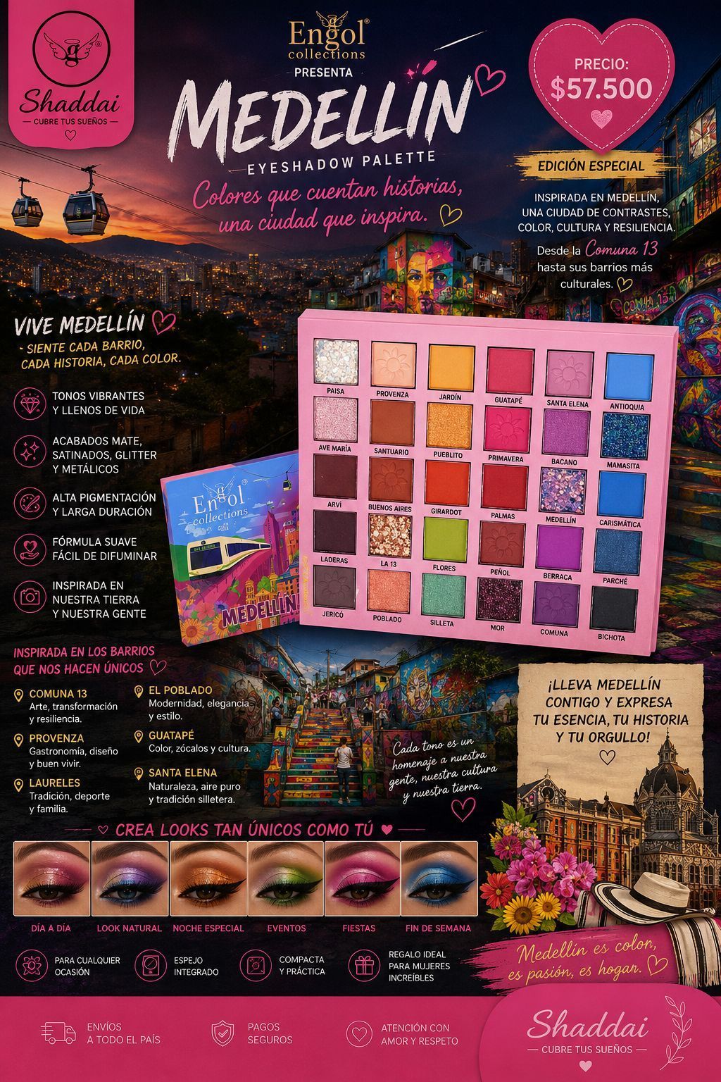 Póster promocional de maquillaje rosa para Medellín con paleta de sombras de ojos coloridas y muestras de productos sobre un fondo negro.