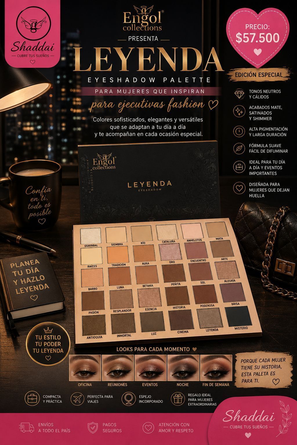Anuncio de la paleta de maquillaje Leyenda con tonos de sombras de ojos nude, muestras de labiales y precio sobre un fondo negro.