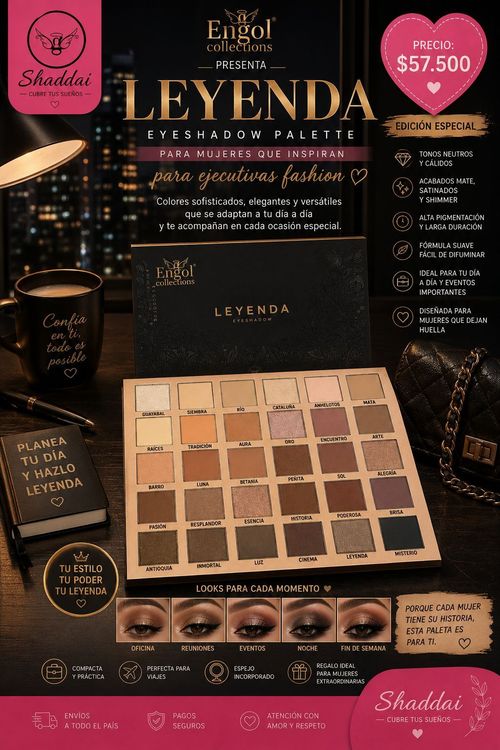 Anuncio de la paleta de maquillaje Leyenda con tonos de sombras de ojos nude, muestras de labiales y precio sobre un fondo negro.