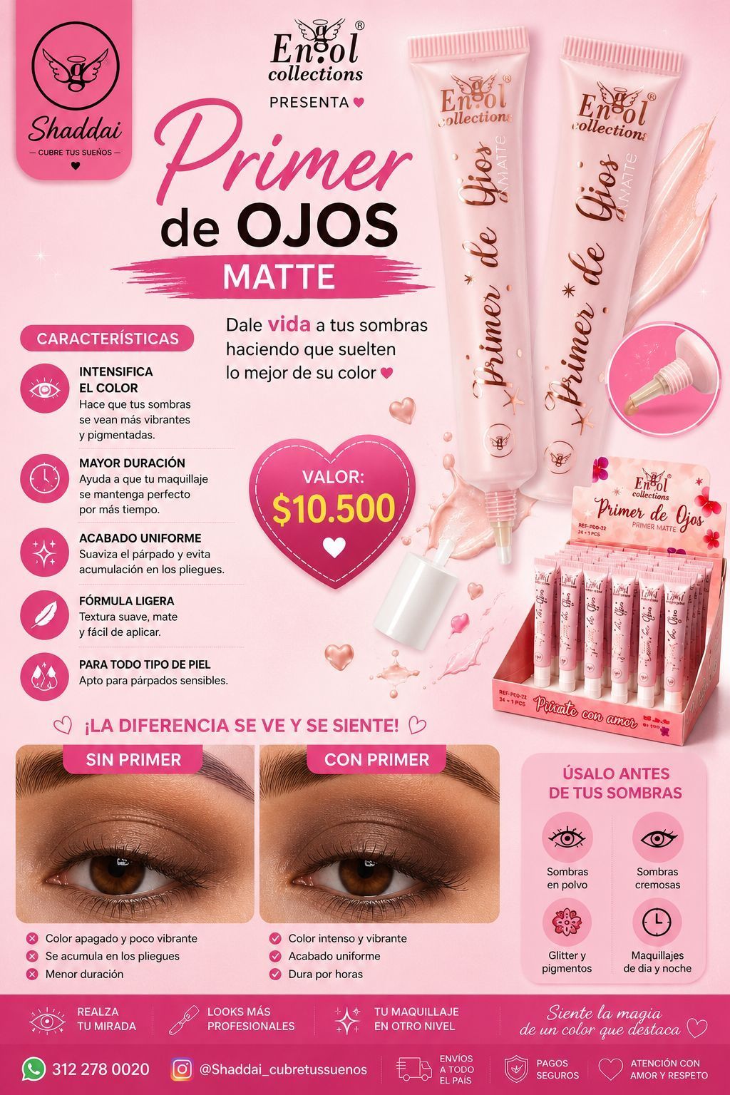 Anuncio rosa de belleza para prebase de ojos mate con tubo, precio y muestras de maquillaje de ojos antes y después.