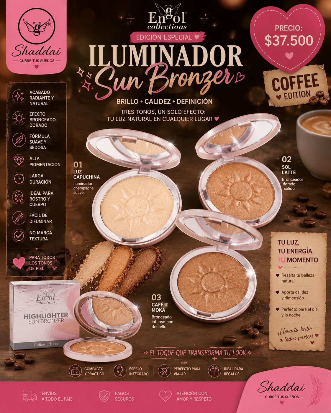 Anuncio de producto para Illuminator Sun Bronzer con cuatro tonos, temática de café y vainilla sobre fondo rosa.