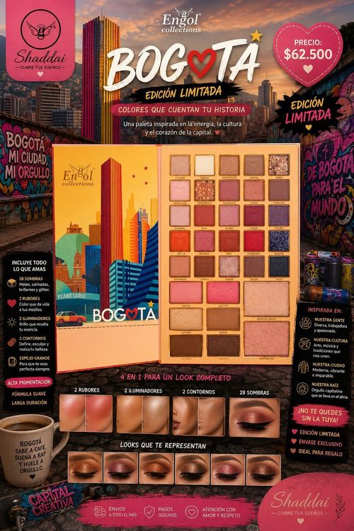 Anuncio promocional de maquillaje con paletas de sombras de ojos, pintalabios y cosméticos de tonos cálidos sobre un fondo rosa.