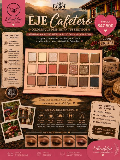 Paleta de sombras de ojos EJE Cafetero con empaque inspirado en el café y 15 tonos neutros presentados en un diseño promocional.