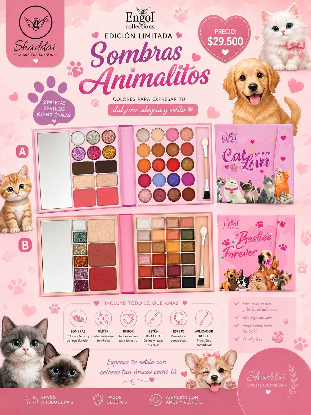 Anuncio de la paleta de maquillaje rosa “Sombras Animales” con lindos gatos y perros, que muestra paletas de sombras de ojos y detalles del producto.