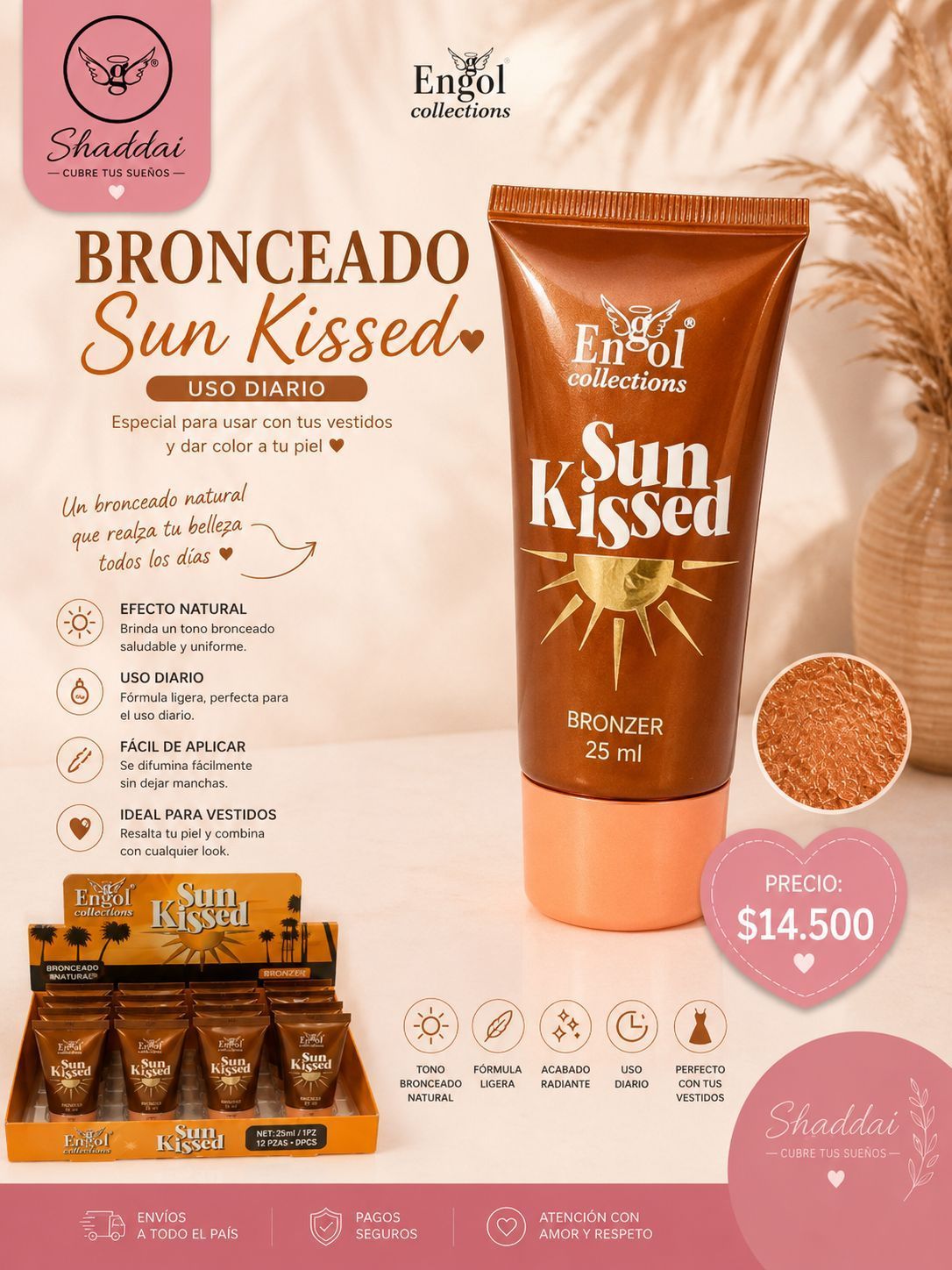 Anuncio en tonos bronce de la crema para el cuidado de la piel Sun Kissed en tubo y sobres, con un precio promocional de 14,500 dólares sobre un fondo beige cálido.