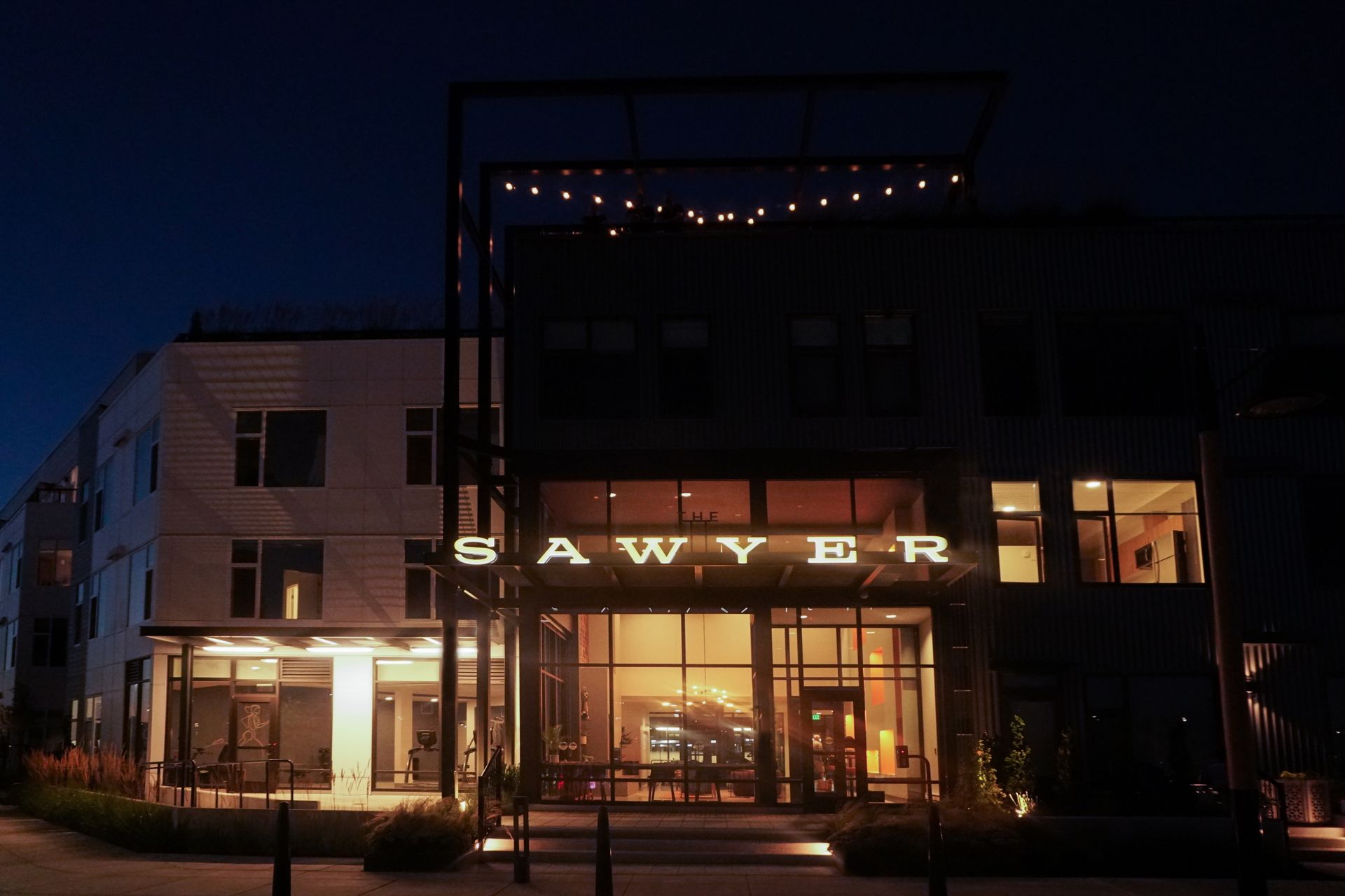Sawyer building entrance at night