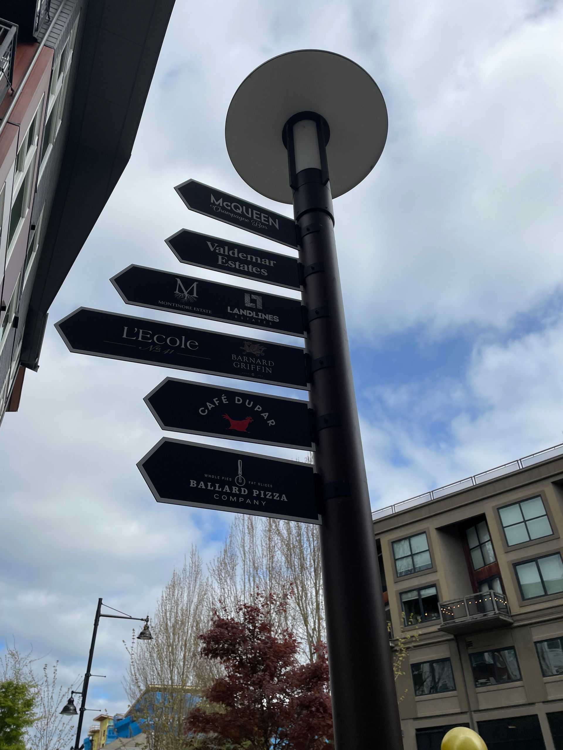 Signpost with black arrows pointing to local businesses