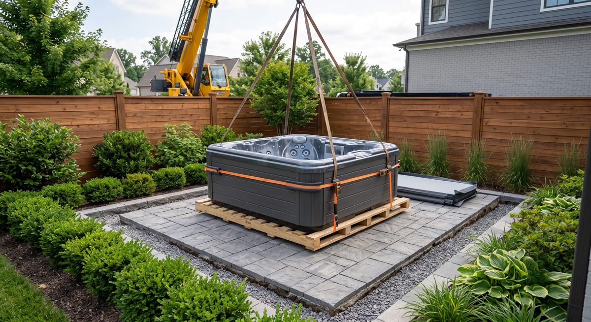 Crane-assisted hot tub placement at a Raleigh home