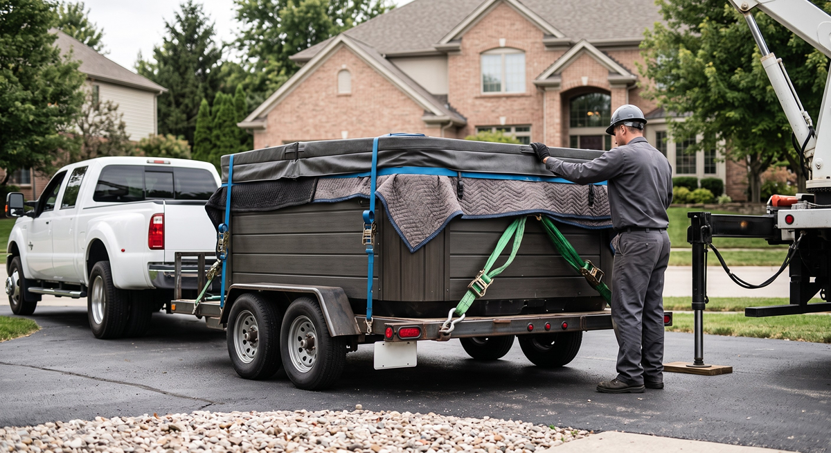 Hot tub being carefully transported across a residential yard