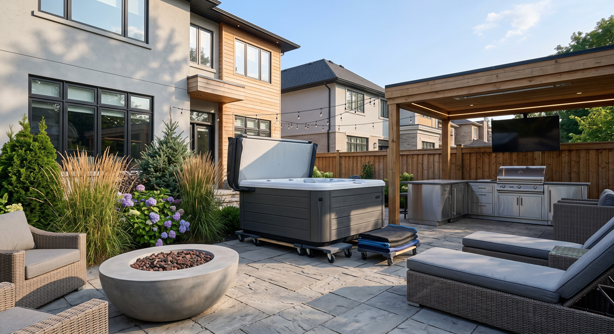 Swim spa delivery arriving at a homeowner’s backyard