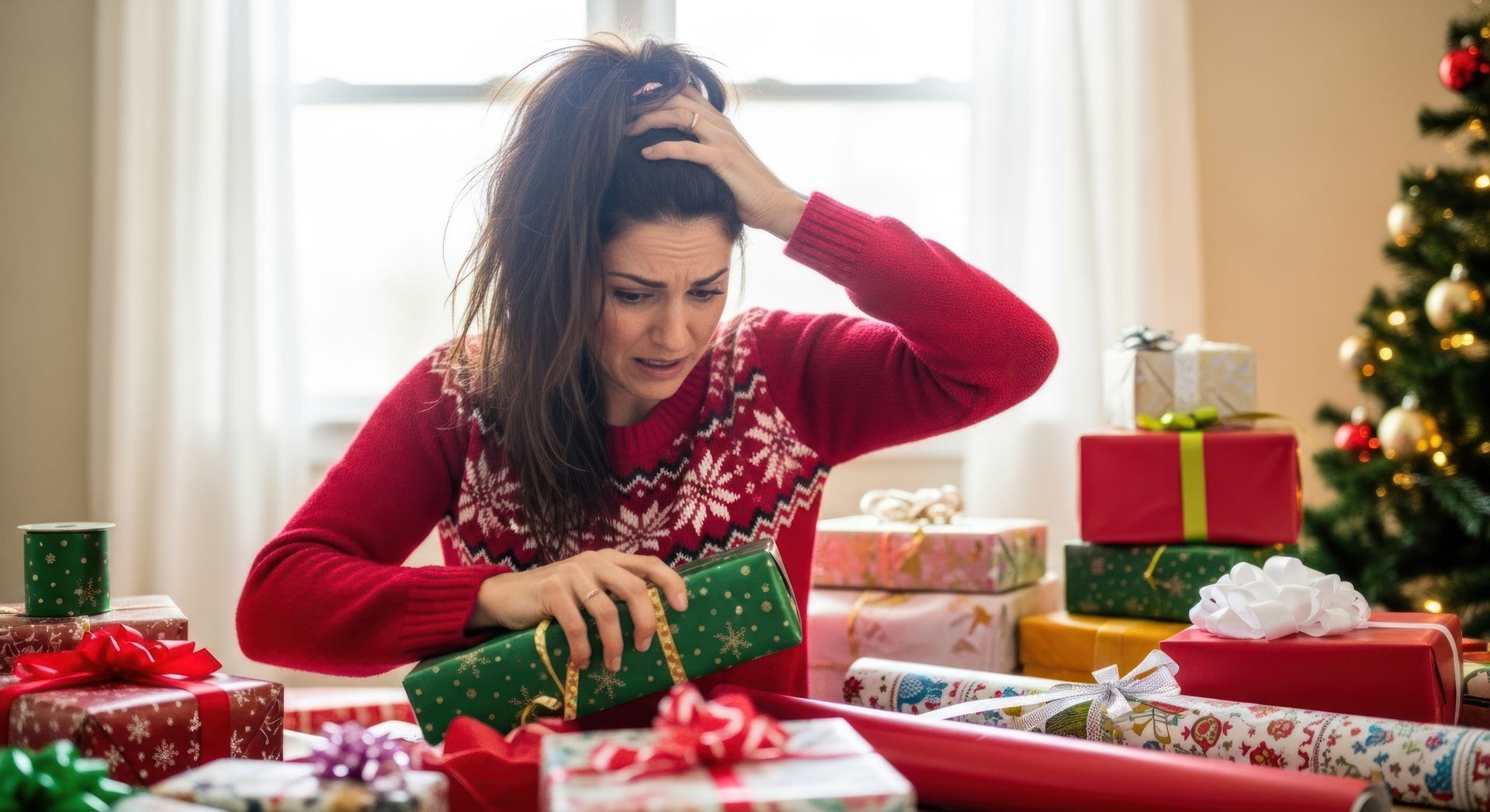 Woman in red sweater stressed, surrounded by wrapped gifts, near Christmas tree.